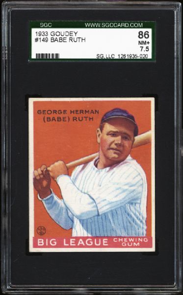 1933 Goudey #149 Babe Ruth SGC 86 NM+ 7.5