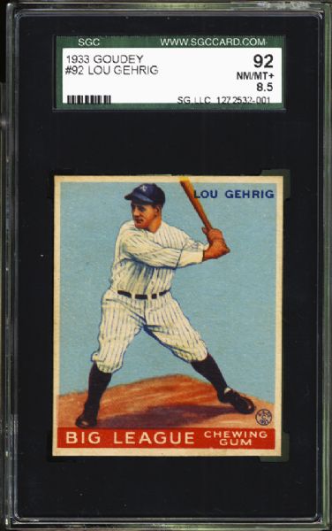 1933 Goudey #92 Lou Gehrig SGC 92 NM/MT+ 8.5