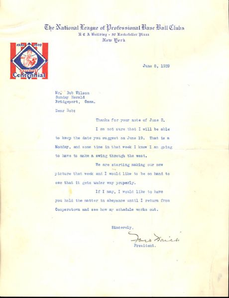 1939 Ford Frick Typed Signed Letter
