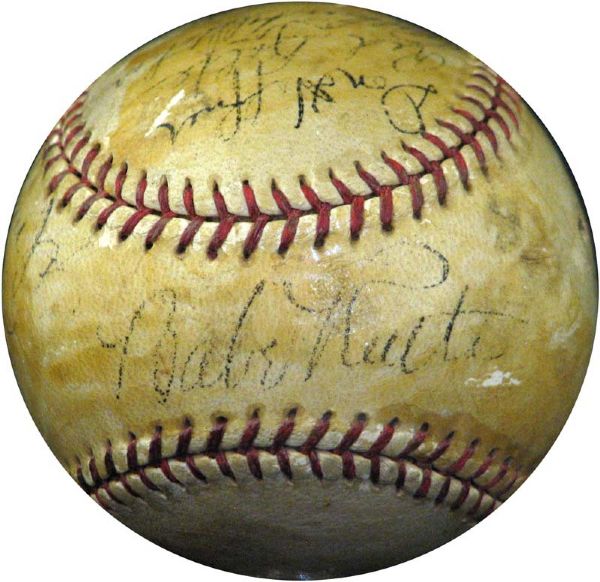 1934 N.Y. Yankees Multi-Signed ONL (Heydler) Ball Featuring Babe Ruth LOA JSA and Type I Photo of Ruth signing the Ball