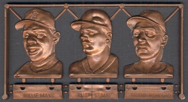 Exceedingly Rare and Possibly Unique 1968 Topps Plak Featuring a Previously Unknown Willie Mays along with Staub and Howard in Original "Sprue" Form