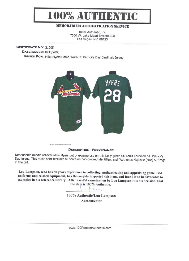 Lot Detail - 2005 Mike Myers St. Louis Cardinals St. Patrick&#39;s Day Game-Used Spring Training Jersey
