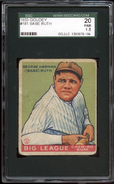 1933 Goudey #181 Babe Ruth SGC 20 FAIR 1.5