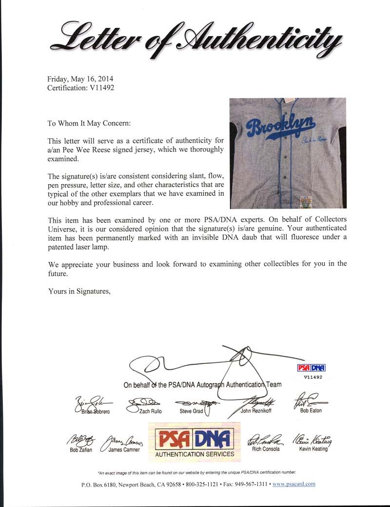 Clean Sweep Auctions Item: 0000797877 -- Jersey Reese, Pee Wee Signed  Brooklyn Dodgers Mitchell & Ness 9