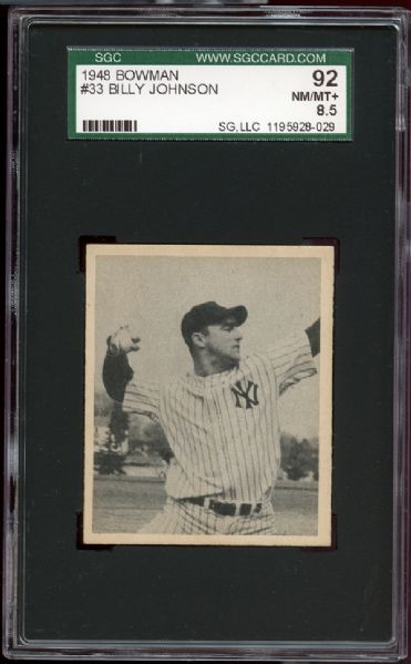 1948 Bowman #33 Billy Johnson SGC 92 NM/MT+ 8.5