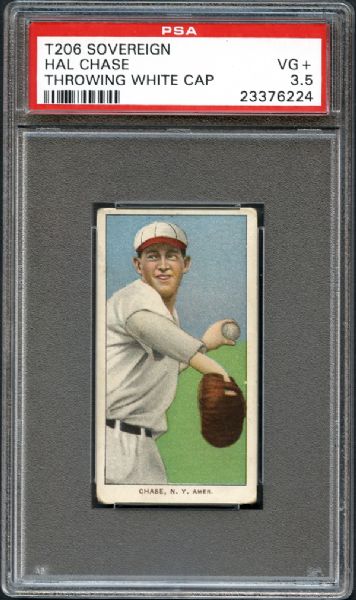 1909-11 T206 Sovereign Hal Chase "Throwing-White Cap" PSA 3.5 VG+