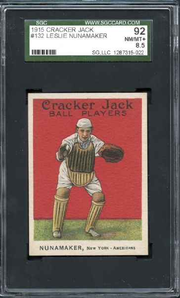 1915 Cracker Jack #132 Les Nunamaker SGC 92 NM/MT+ 8.5