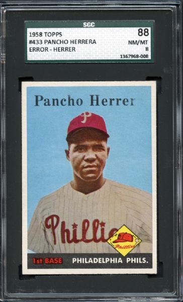 1958 Topps #433 Pancho "Herrer" Error SGC 88 NM/MT 8
