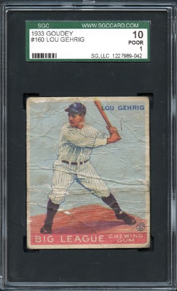 1933 Goudey #160 Lou Gehrig SGC 10 POOR 1