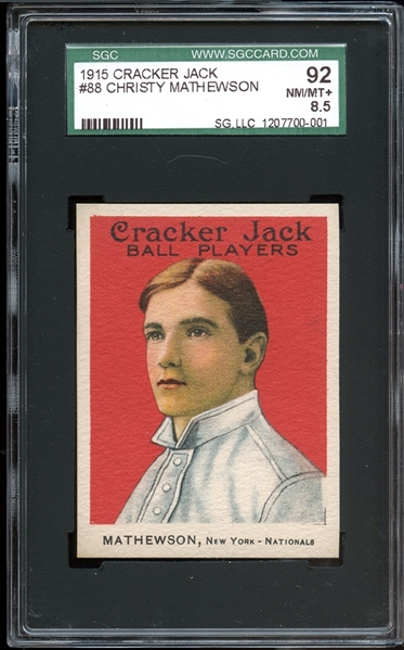 1915 Cracker Jack #88 Christy Mathewson SGC 92 NM/MT+ 8.5 Surpassed by Just Two Copies On Record With SGC