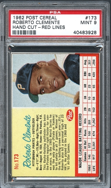 1962 Post Cereal #173 Roberto Clemente Hand Cut PSA 9 MINT