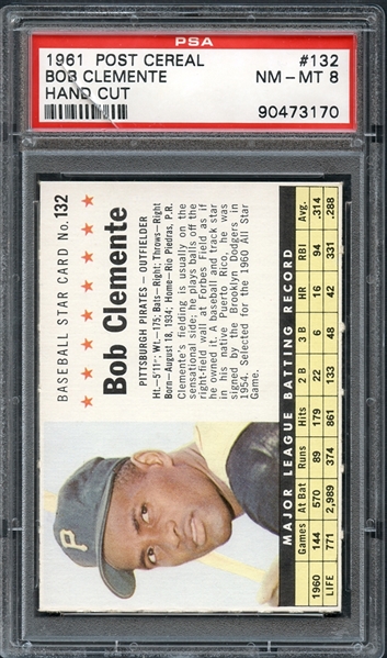 1961 Post Cereal #132 Bob Clemente Hand Cut PSA 8 NM/MT