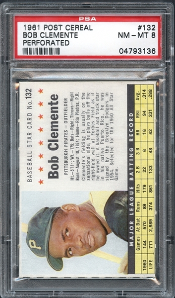 1961 Post Cereal #132 Bob Clemente Perforated PSA 8 NM/MT