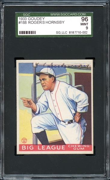 1933 Goudey #188 Rogers Hornsby SGC 96 MINT 9