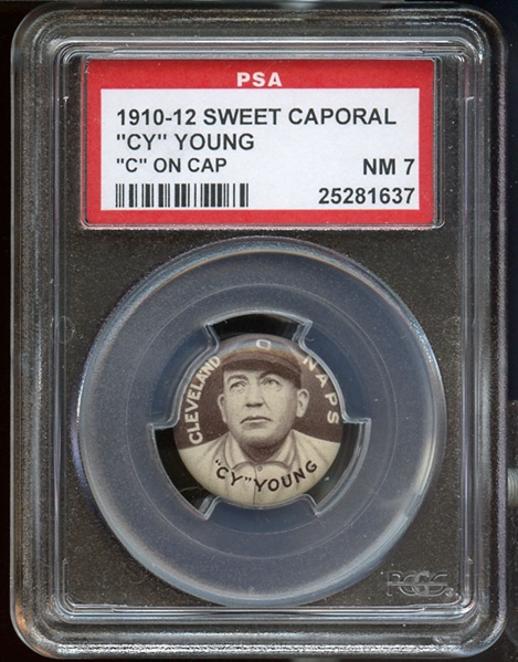 1910-12 P2 Sweet Caporal Pins Cy Young "C" on Cap PSA 7 NM