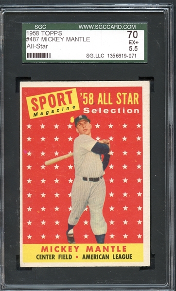 1958 Topps #487 Mickey Mantle All Star SGC 70 EX+ 5.5