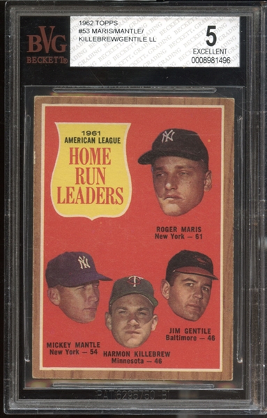 1962 Topps #53 A.L. Home Run Leaders (Mantle/Maris) BVG 5 EX
