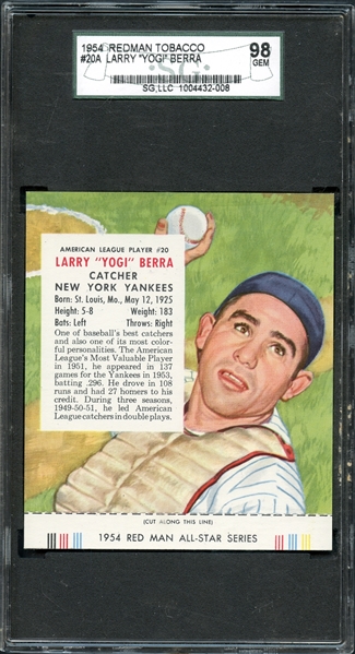1954 Red Man Tobacco #20A Larry "Yogi" Berra SGC 98 GEM MINT