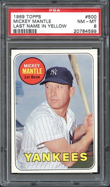 1969 Topps #500 Mickey Mantle Last Name in Yellow PSA 8 NM/MT