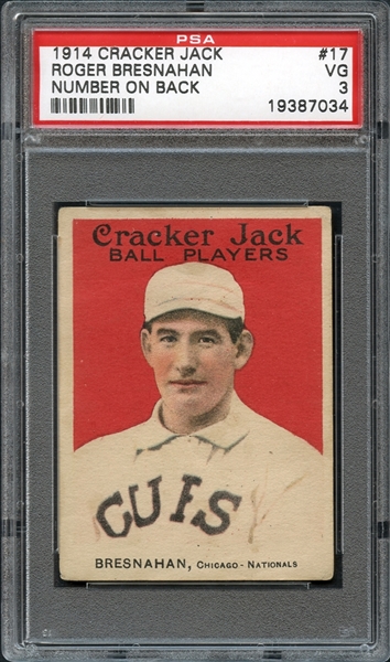 1914 Cracker Jack #17 Roger Bresnahan Number on Back PSA 3 VG