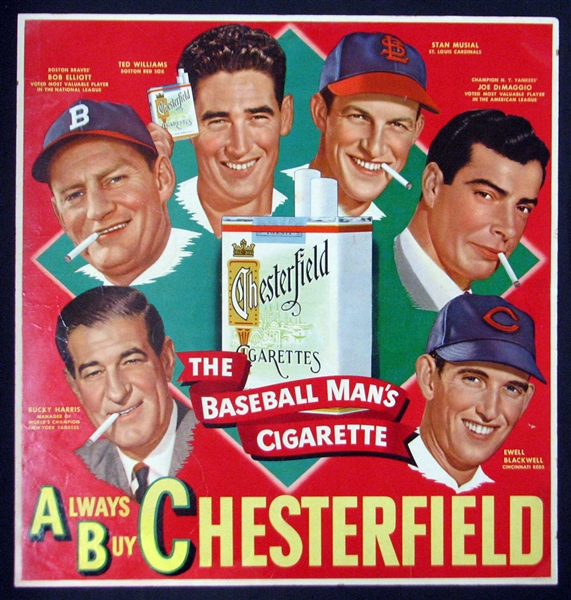 1948 Chesterfield Cigarettes Baseball Advertising Display Featuring Williams, Musial and DiMaggio