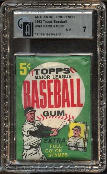 1962 Topps Baseball Wax Pack 5 Cent GAI 7 NM