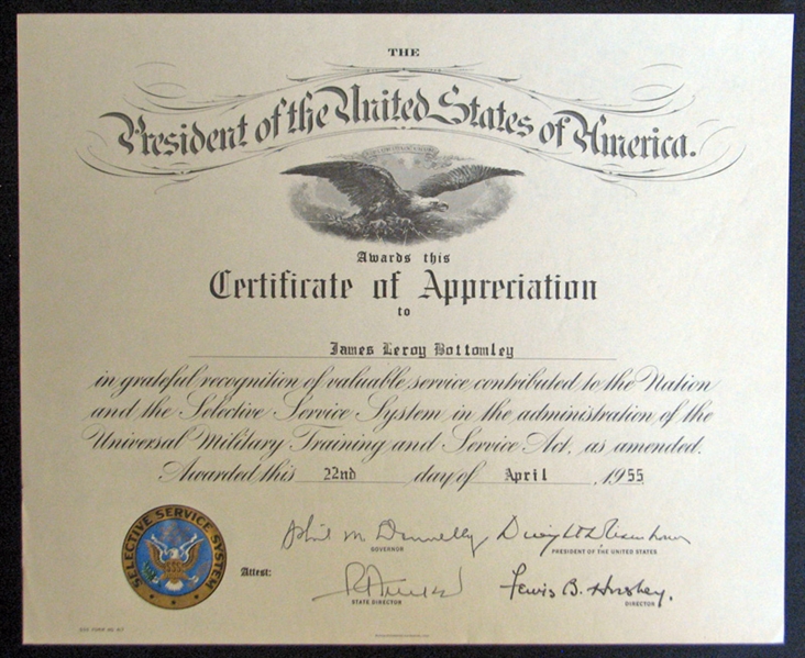 Jim Bottomleys Selective Service System Certificate of Appreciation