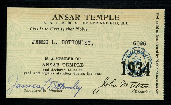 Jim Bottomleys Signed 1934 ANSAR Temple Shriners Membership Card 