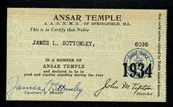 Jim Bottomleys Signed 1934 ANSAR Temple Shriners Membership Card 