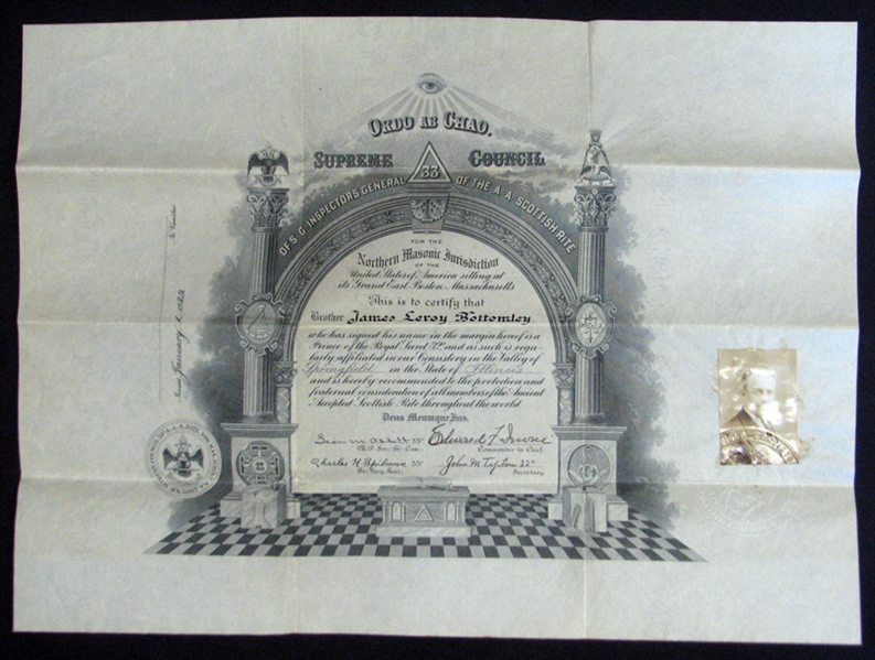 Jim Bottomleys A.A.S.R. Freemasonry Certificate From 1929