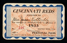 1933 Cincinnati Reds Season Pass Extended to Mrs. James Bottomley Signed by Jim Bottomley