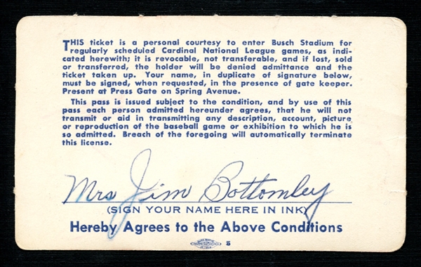 1957 St. Louis Cardinals Season Pass Extended to and Signed by Mrs. Jim Bottomley