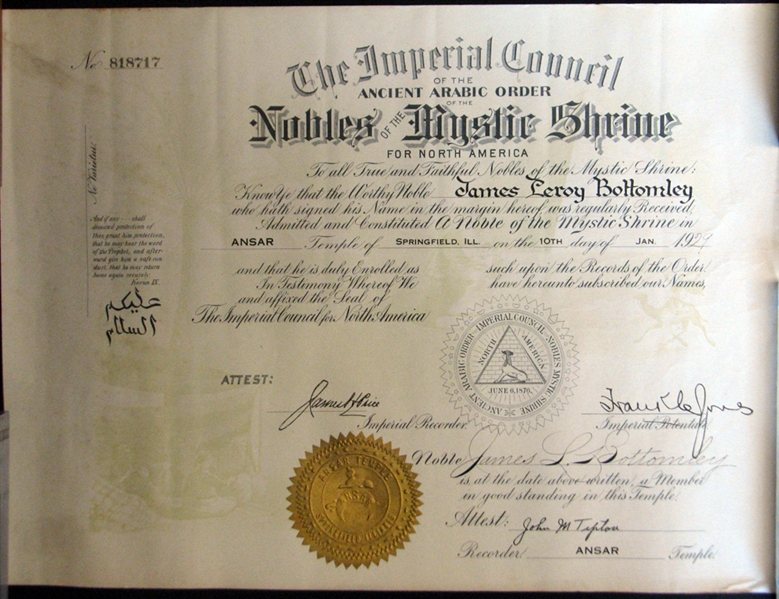 Jim Bottomleys 1929 ANSAR Shriners Certificate