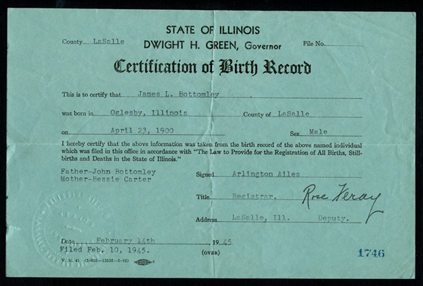 Jim Bottomleys Birth Certificate with Certified Copy of Wife Bettys Birth Certificate