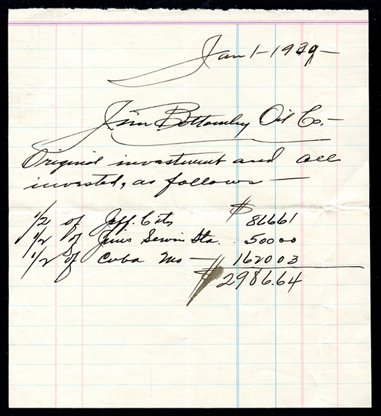 Jim Bottomley Oil Company Ledger Written in his Hand