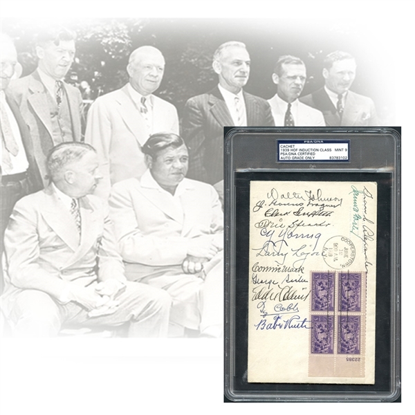 1939 Inaugural Hall of Fame Induction Class Cooperstown Signed First Day Cover Featuring Wagner, Ruth, Cobb, Young, Speaker, Johnson Etc. PSA/DNA 9 MINT - The Finest Example Known to Exist
