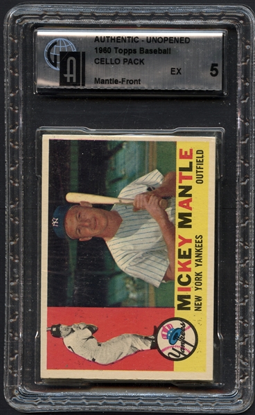1960 Topps Baseball Unopened Cello Pack with Mantle on Front GAI 5 EX