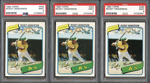 1980 Topps #482 Rickey Henderson Group of (3) Cards All PSA MINT 9