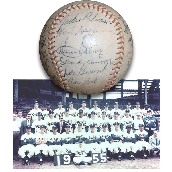  Exceptional 1955 Brooklyn Dodgers World Champions Team-Signed Baseball with (25) Signatures Including Koufax, Robinson, Campanella and Hodges