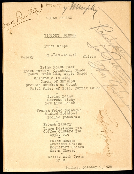Absolutely Stunning 1938 "Victory" Dinner Menu Signed by Lou Gehrig with Terrific Content