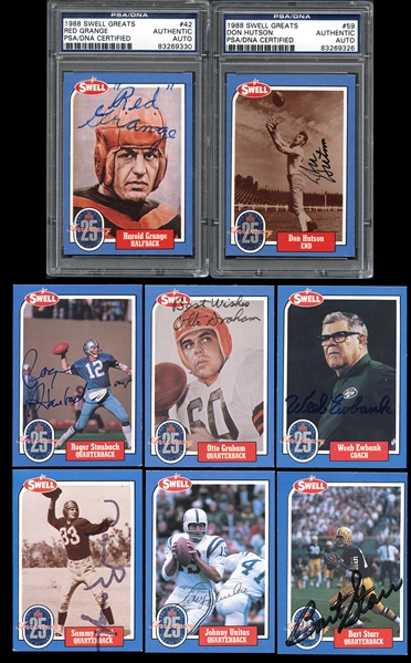 1988 Swell Greats Autographed Collection of (17) Cards Includes Grange, Hutson, Unitas, Etc.