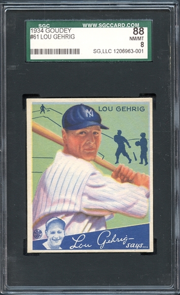 1934 Goudey #61 Lou Gehrig SGC 88 NM/MT 8