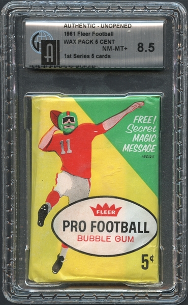 1961 Fleer Football Wax Pack 5 Cent 1st Series 5 Cards GAI 8.5 NM/MT+