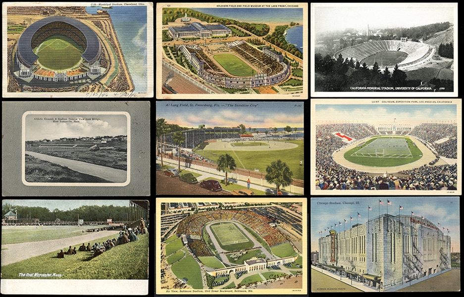 1890s-1950s Postcard Collection of (16) Featuring Baseball and Football Stadium Postcards