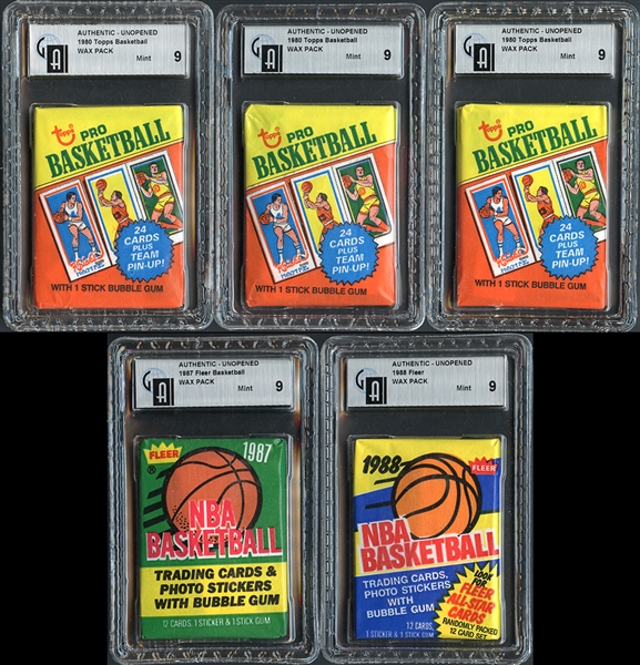 1980-81, 1987-88 and 1988-89 Group of (5) Basketball Unopened Wax Packs