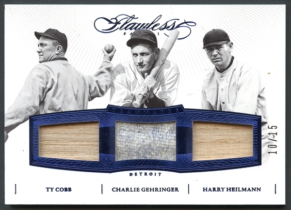 2016 Panini Flawless #11 Cobb/Gehringer/Heilman Game-Used Blue Parallel 10/15