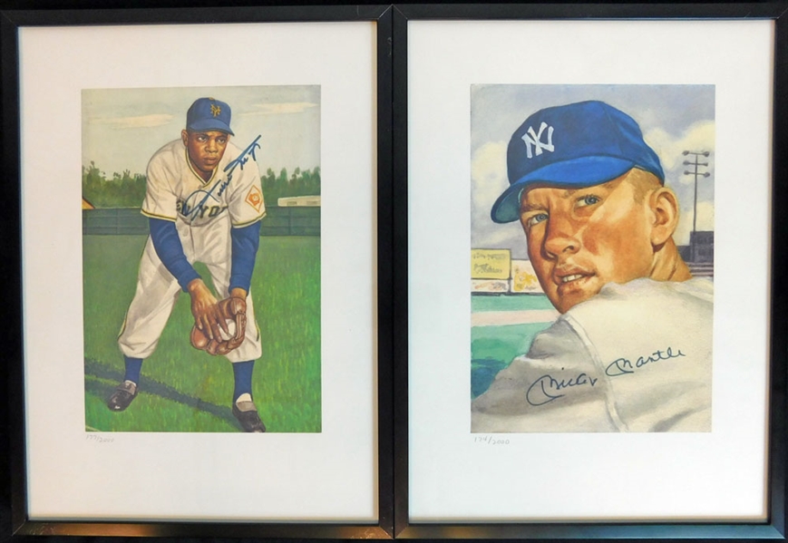 Mickey Mantle and Willie Mays Signed Lithograph Group of (2) Featuring 1953 Topps Artwork