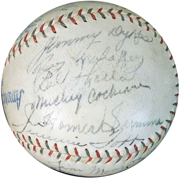 1930 World Champion Philadelphia Athletics Team-Signed OAL (Barnard) Ball with (20) Signatures Featuring Foxx, Grove, Cochrane and Simmons