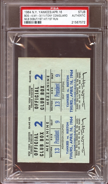 1964 New York Yankees Ticket Stub Tony Conigliaro MLB Debut First Hit First Run PSA AUTHENTIC