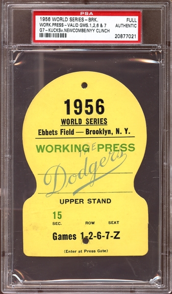 1956 World Series Brooklyn Dodgers Full Working Press Pass PSA AUTHENTIC
